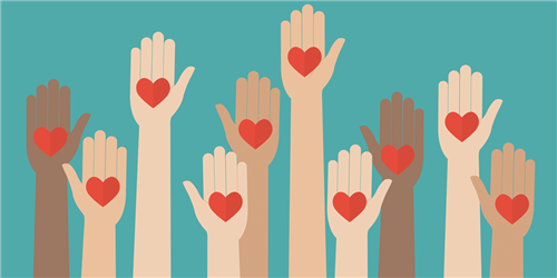 cartoon graphic of hands raised with heart shapes within the palms